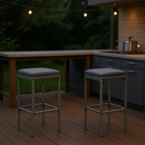 Sgabelli da bar in rattan grigio con poggiapiedi standard per uso esterno - Product Image 2