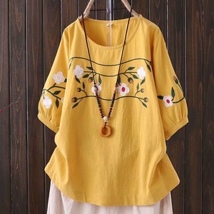 Women's Cotton Linen Embroidered T-Shirt Navy Blue Loose Fit Retro Style Plus Size Short Sleeve Breathable Everyday Wear - Product Image 2