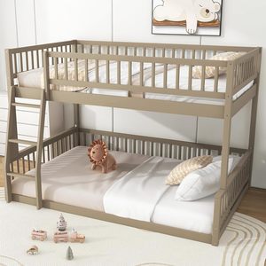 Lit superposé XL Queen avec échelle et barrières de sécurité, couleur noyer, en bois de pin, convertible en <span class=keywords><strong>2</strong></span> <span class=keywords><strong>lits</strong></span> plateforme <span class=keywords><strong>séparés</strong></span>, sans sommier - Product Image 1