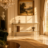 Table console de rangement haut de gamme moderne avec cadre en acier inoxydable brossé et plateau en verre transparent pour salon, salle à manger, appartement, maison