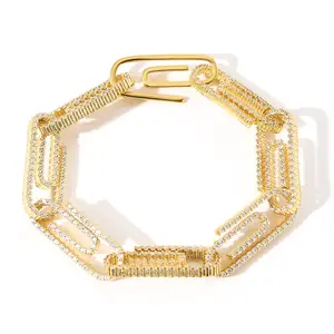 Hip Hop Men Jewelry 10mm Miami Zirconia Diamond CZ Cuban Iced Out Bling Diamond Bangles 18k Gold Cuban Link Paper Clip Bracelet