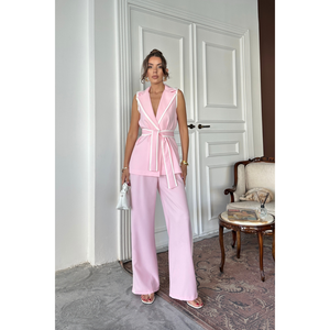 Conjunto de Pantalones y Chaleco con Detalles de Ribete Rosa y Cinturón para Mujer, Talla S - Product Image 3