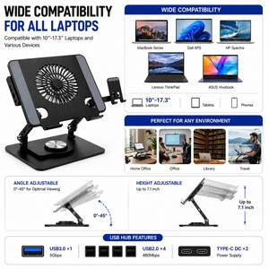 Nouveau support et socle tout-en-un pour ordinateur portable avec ventilateur de refroidissement, hub USB, design réglable, support pour téléphone, en acier carbone noir, jusqu'à 17,3 pouces - Product Image 3