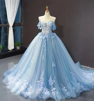 NDB10075 Robe de princesse tutu bleu couleur féerique, asymétrique à épaule dénudée, à traîne, élégante pour mariage, dîner et Quinceañeras