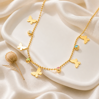 Collier multi-breloques en acier inoxydable inaltérable avec chaîne à billes dorée et gouttes de cristal colorées, bijoux tendance pour femme
