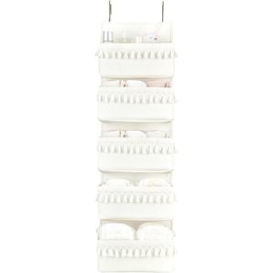 Over The Door Organizer 5 Pockets White Cotton Hanging <b>Storage</b> With Tassels For Nursery Baby Products Cosmetics - Product Image 1