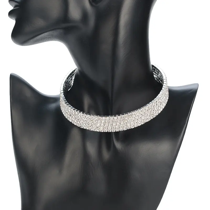 Fashion Wedding Necklace Jewelry Vintage Silver Multi Rows Glass Rhinestone Chokers For Women Bridal