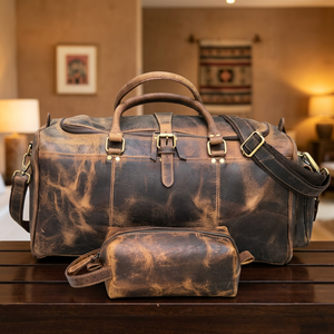 Sac de voyage unisexe en cuir véritable avec fermeture éclair, motif géométrique vintage, 36-55L, léger, durable, grande capacité, pliable - Product Image 1