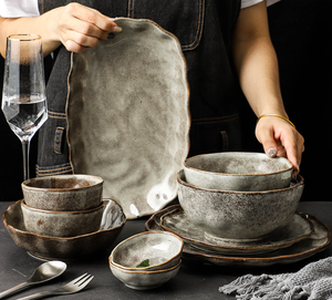 Juego de Vajilla Rústica de Gres, Platos y Tazones de Cerámica con Borde Irregular, Aptos para Microondas, Vajilla para Restaurante, Utensilios de Cocina de Cerámica - Product Image 5