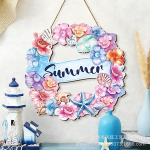Couronne de plage hawaïenne d'été en bois, ronde, colorée, avec décorations de coquillages, panneau décoratif à suspendre pour la maison - Product Image 3