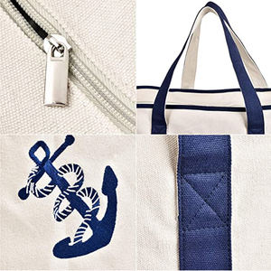 अतिरिक्त बड़े कैनवास बैग ले जाना भारी शुल्क विशाल जिपर किराने की खरीदारी ले जाने के साथ समुद्र तट नाव बैग हैंडबैग कशीदाकारी लंगर बेज - Product Image 3