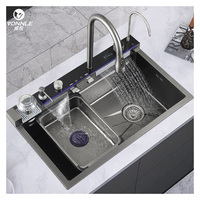 Évier de cuisine multifonctionnel de luxe noir intelligent moderne en acier inoxydable avec cascade, lave-gobelets, écologique, économiseur d'eau 1