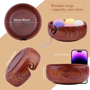 Indskill Wooden Yarn Bowl 8 x 3 Inch With Holes For <b>Knitting</b> And Crocheting <b>Storage</b> Organizer Round Brown Handmade - Product Image 6