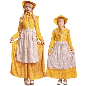 Costume de Cosplay pour femme Robe de fille pionnière Costume colonial Robe de prairie pour enfant Jaune Floral Halloween Thanksgiving Day