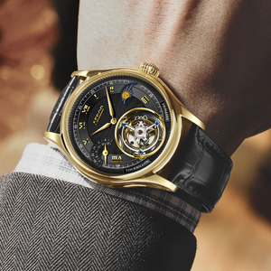 Livraison directe pour montre unisexe multifonctionnelle, tourbillon, phase de lune, mécanique, luxe, acier inoxydable, bracelet en cuir, saphir - Product Image 3