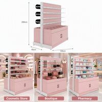 Étagère de présentation cosmétique rose, présentoir de maquillage, vitrine de magasin de beauté, mobilier de boutique avec système de crochets pour panneau rainuré