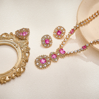 Ensemble de bijoux en laiton de haute qualité pour femmes, collier, boucles d'oreilles, bagues et bracelet en or rose avec zircon rose, 4 pièces, cadeau de mariage
