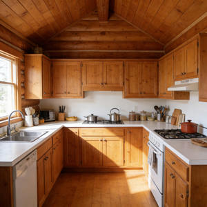 Chalet en bois préfabriqué pour complexe hôtelier en bord de lac, chalet écologique en bois avec cuisine ouverte et plafond voûté - Product Image 3