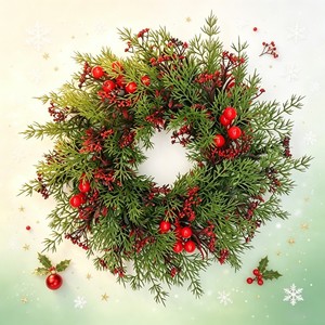 Couronne de Noël Artificielle 40cm en Plastique avec Baies Rouges et Gypsophile pour Porte, Fenêtre, Mur - Décoration de Fêtes - Product Image 2