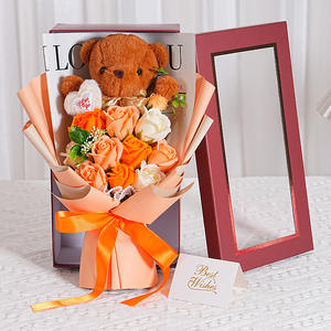 Bouquet de fleurs en savon éternel dans un coffret cadeau avec ours en peluche - Nouvelle saison de la Saint-Valentin et de la remise des diplômes, bouquet artificiel simulé - Product Image 4