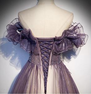 ग्रेडिएंट लिलक ब्लिंग लुल रफल्स स्ट्रैपलेस महिलाओं की पार्टी सस्ते बेडेड ब्राइड्समेड कपड़े - Product Image 5