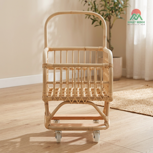 Poussette bébé en rotin avec cadre et roues en bois, design tropical, durable pour les enfants - Product Image 4