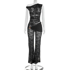 Viviblook J26ST060 Women <b>Set</b> Sexy Solid Color Sheer Off Shoulder Top Sexy Slim Fit Lace Pants Two Piece <b>Set</b> - Product Image 3