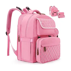 Bolsa de pañales Oxford de gran capacidad para bebé, mochila plegable impermeable antirrobo con puerto de carga USB para mamá, color rosa