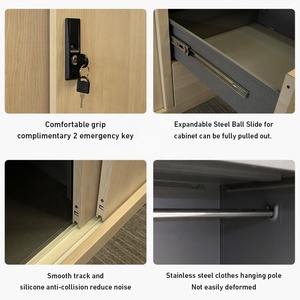 Armoire métallique à grain de bois avec 3 portes coulissantes, penderie en acier avec miroir et tiroir inférieur, rangement imprimé anti-termites - Product Image 3