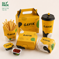 Ensemble d'emballages à emporter pour la restauration rapide biodégradables imprimés sur mesure, boîte à poulet frit, boîte à hamburger, boîte à frites, sac en papier, gobelet pour la livraison