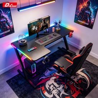 Bureau de jeu en forme de L noir et blanc avec éclairage LED RGB motorisé, structure en acier, table d'ordinateur d'angle pour studio de jeu