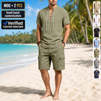 Ensemble 2 pièces pour homme en coton et lin mélangé avec chemise à col montant à lacets et short cargo, tenue décontractée d'été pour homme
