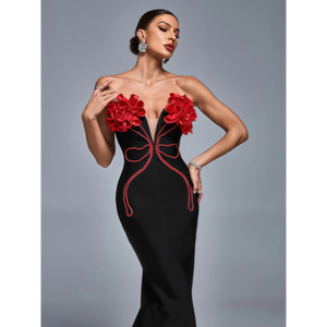 Elegante Abito da Sera Lungo per Donna, Moderno con Fiori 3D Rossi Naturali, Lussuoso Nero per Feste - Product Image 3