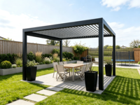 Pergola moderne en aluminium pour l'extérieur avec persiennes motorisées, protection solaire imperméable et résistante au vent pour patio et jardin