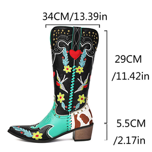 Bottes de chevalier pour femmes avec rivets métalliques, broderies florales, bottes longues de cowboy montantes, chaussures à talons carrés bas multi-motifs pour femmes - Product Image 6