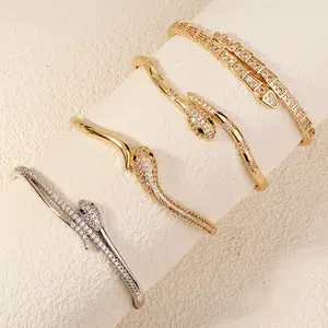 Pulseira banhada a ouro e prata CZ Crystal para mulheres, pulseira com punho de zircônias para casamento, pulseira de ouro Dubai para noivas