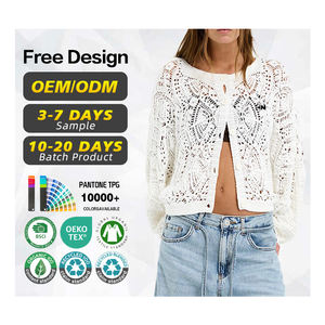 BSCI Certification Sweater Factory Custom logo <b>Women</b> Cotton Crew Neck Cropped Hollow Out <b>White</b> Knit <b>Cardigan</b> Sweater with Button - Product Image 1