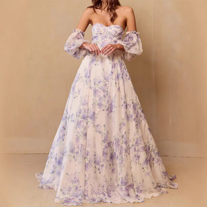 Vestido de Noche de Organza con Estampado Floral y Hombros Descubiertos, Cintura Imperio, Capa Transparente Larga, Vestido Formal para Mujer - Product Image 2
