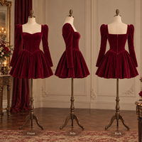 Robe Courte Femme en Velours avec Col Cœur, Bustier Corset, Manches Longues Bouffantes et Jupe Évasée pour Cocktail – Vente en Gros