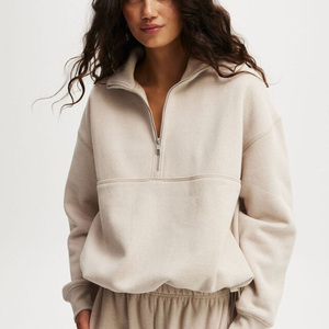 Felpa da Donna in <span class=keywords><strong>Cotone</strong></span> e Poliestere con Spalle Scese e Vestibilità Ampia, Mezza Zip, Collo a Imbuto, Pullover Nero - Product Image 1