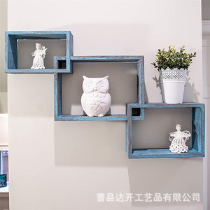 Retro Blue Wooden Wall <b>Shelf</b> 3 Tier Irregular Shape Storage <b>Rack</b> For Living Room Bedroom Kitchen Display - Product Image 4