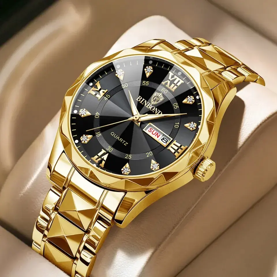 BINBOND 2521 Luxury Man Wristwatch Waterproof Luminous Date Week Men Watches Stainless Steel Quartz Men's Watch Male reloj