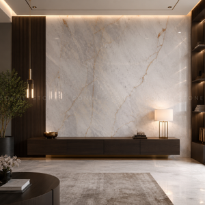 Quartzite cristallin rétroéclairé blanc avec veinage doré et transmission lumineuse exceptionnelle pour un intérieur de style bijou - Product Image 3