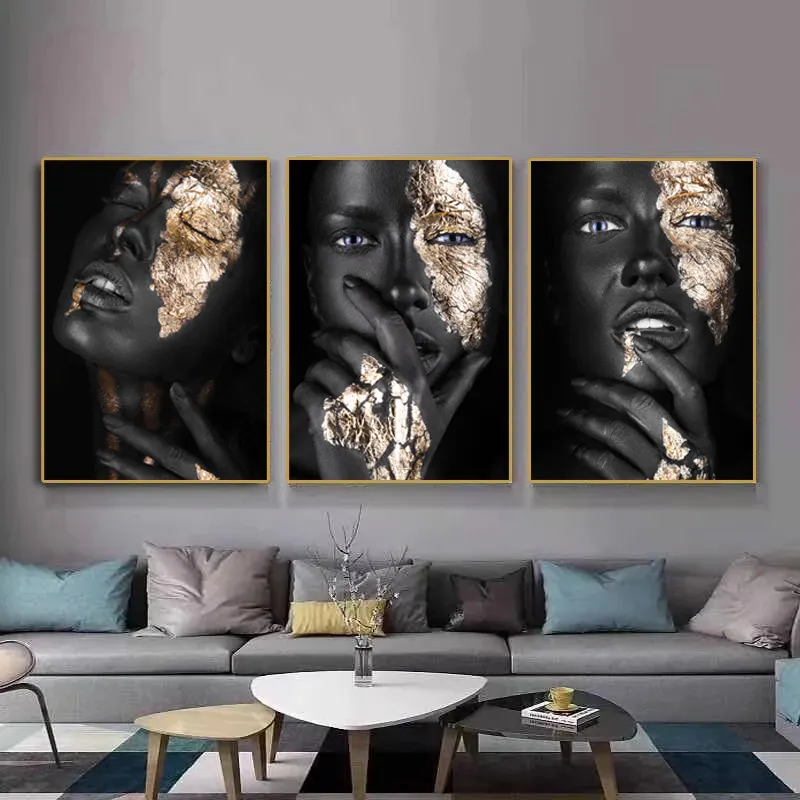 Черно-Золотое настенное искусство Африканская женщина Плакат Украшение дома Хрустальный фарфор живопись