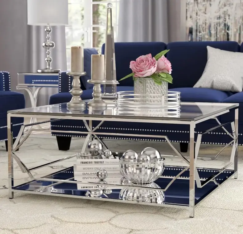 Mesa de centro cuadrada y moderna de plata, mesa de centro elegante de 2 niveles con tapa de vidrio templado, mesas de centro de lujo