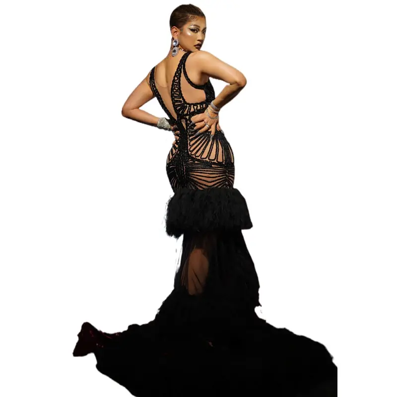 ชุดราตรียาวเต็มตัวสำหรับผู้หญิงชุดงานเต้นรำนางเงือกสีดำปักเลื่อมสีดำ