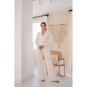 Ecofashion Women's Off <b>White</b> Satin <b>Suit</b> Set 100% Polyester Trousers And Jacket Formal Wear For Office Or <b>Wedding</b> Events - Product Image 3