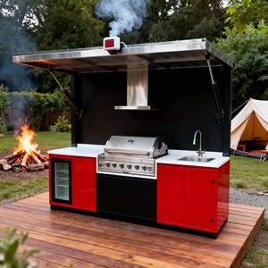 Cuisine extérieure moderne en acier portable, station de cuisson préfabriquée avec grill, évier, réfrigérateur, prête à être expédiée pour utilisation en magasin - Product Image 1