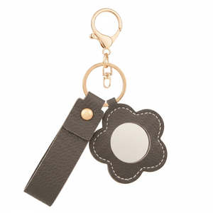 Litchi Grain PU Leather Flower Compact <b>Mirror</b> Keychain Small Portable Travel Makeup <b>Mirror</b> With Swivel <b>Clip</b> Beige - Product Image 2