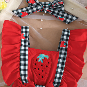 Conjunto de pelele de punto de manga corta para bebé recién nacida con estampado de fresa de dibujos animados y lazo, mono lindo para bebé pequeña - Product Image 3